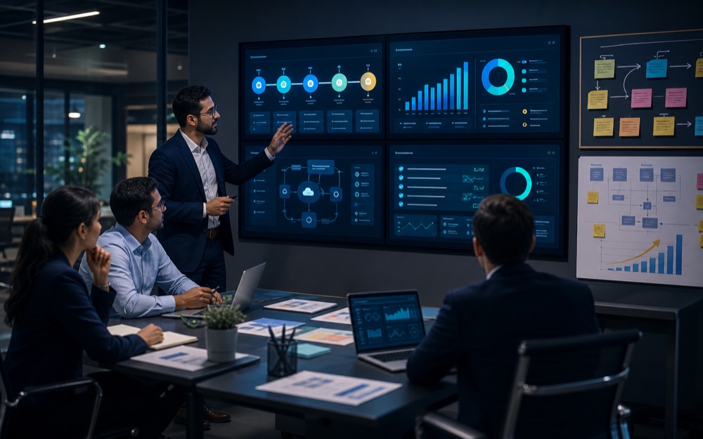 Enterprise team reviewing an AI pilot roadmap, success metrics, and governance checklist